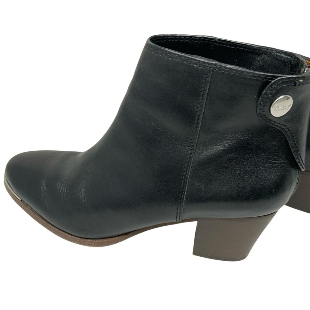 Coach Waldorf Black Leather Ankle Boot Silver Toe Trim Chunky Heel‎ Size 8 - Picture 5 of 15